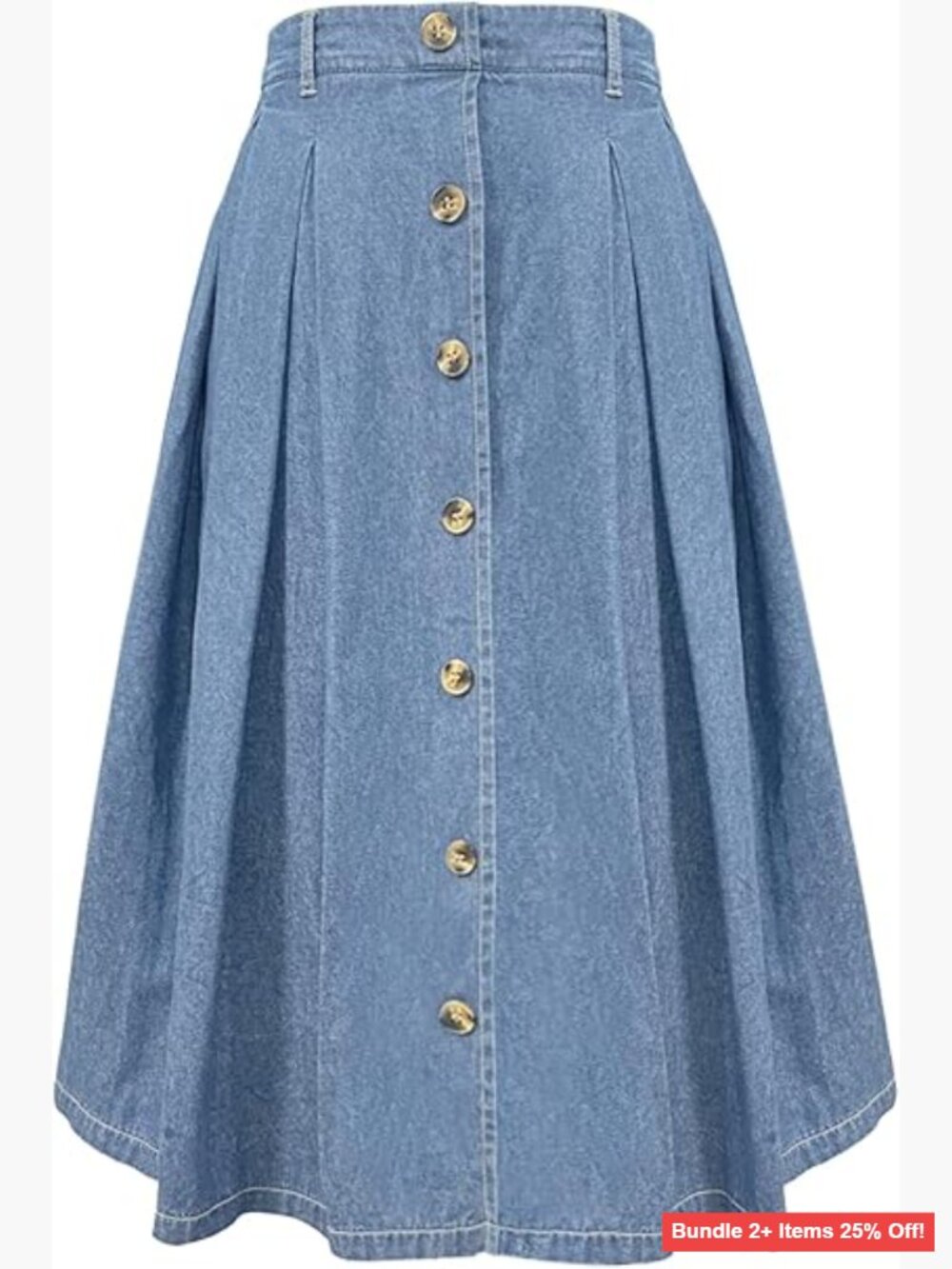 Midi Denim Skirt Elastic Waist Button Front A-Line Flared with Pockets